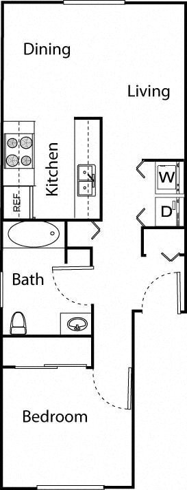 A floor plan of a living space showing a kitchen, dining area, and bedroom.
